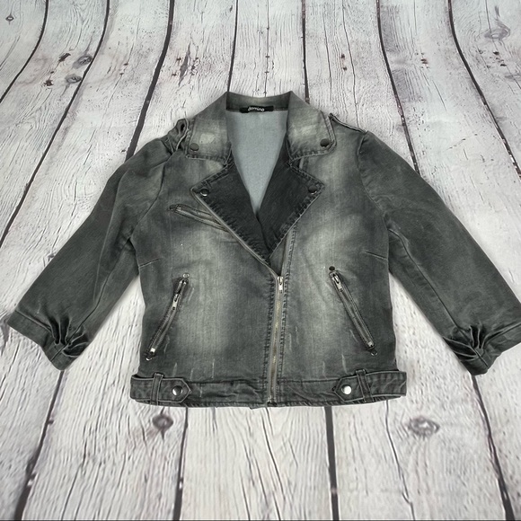 DOMINO women's black grey denim distressed moto jean jacket 3/4 sleeves, size M - Picture 8 of 13